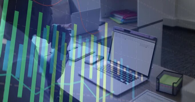 Reacting suit-clad pair leaning to laptop, holding phone, typing as data overlay growing at office