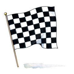 Obraz premium watercolor painting of a waving checkered racing flag on a white background.