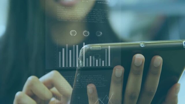 Woman holding tablet, tapping and swiping in tech office, bar, line charts shifting for data review