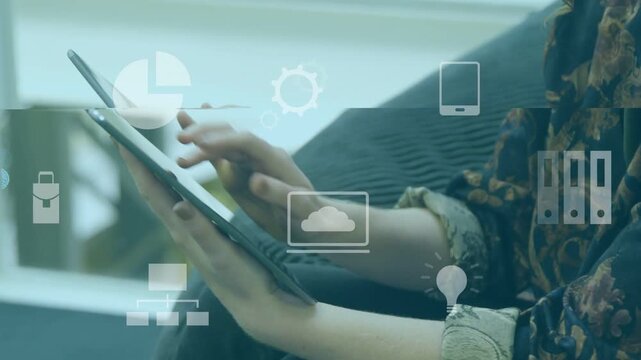 First tap activating clear work icons woman holding tablet and tapping swiping and confirming tasks