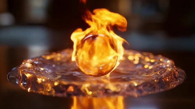 A mesmerizing spectacle of a fiery sphere hovering above shimmering water, blending the elements of fire and liquid into a stunning visual masterpiece.