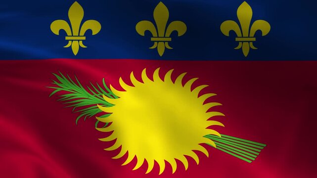 Flag of Guadeloupe waving in the wind featuring a sun and palm leaves representing Caribbean culture and national identity perfect for travel and political themes