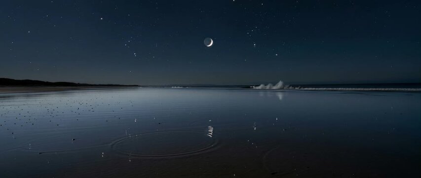 Night Sky Reflection And Spirituality Concept Crescent Moon And Stars Reflected On Calm Ocean Surface At Night B-Roll.