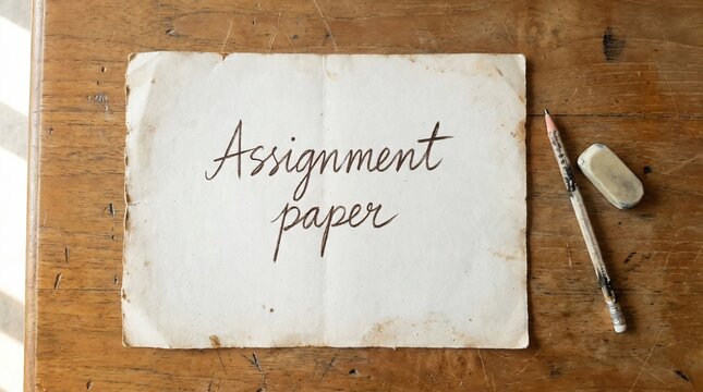 Old assignment paper with cursive handwriting next to a pencil and eraser on a rustic wooden table.