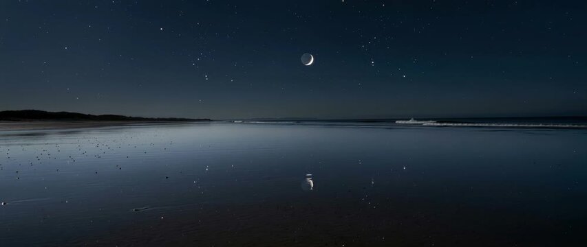 Night Sky Reflection And Spirituality Concept Crescent Moon And Stars Reflected On Calm Ocean Surface At Night B-Roll.