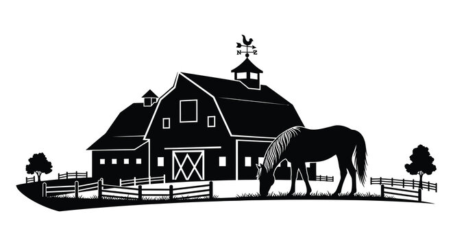 Silhouette of a horse in front of a rustic barn with a fenced yard and trees