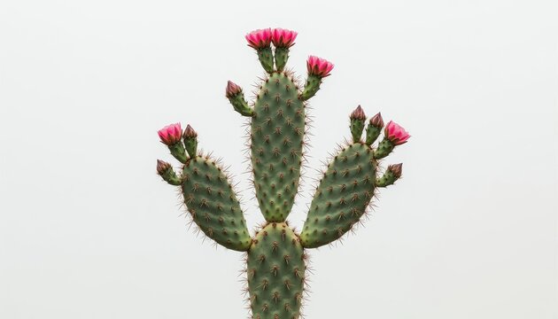 The cactus features vibrant pink flowers blooming at the tips of its spines. This cactus stands tall, showcasing its unique structure and striking floral display.