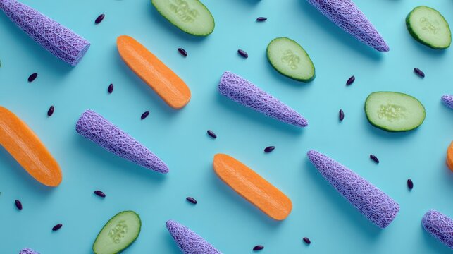 Vegetable pattern design with carrots cucumbers and seeds on a blue background