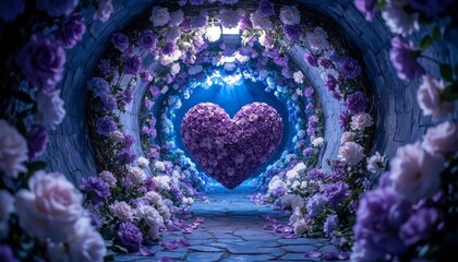 Fototapeta premium A floral heart made of roses sits at the end of a tunnel lined with flowers. The vibrant flowers create a romantic setting filled with purple and pink hues.
