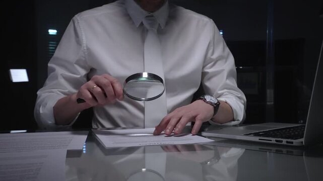 Person examining a document using a magnifying glass, focusing on fine print and terms in a legal agreement, working late. Audit and overworking concepts