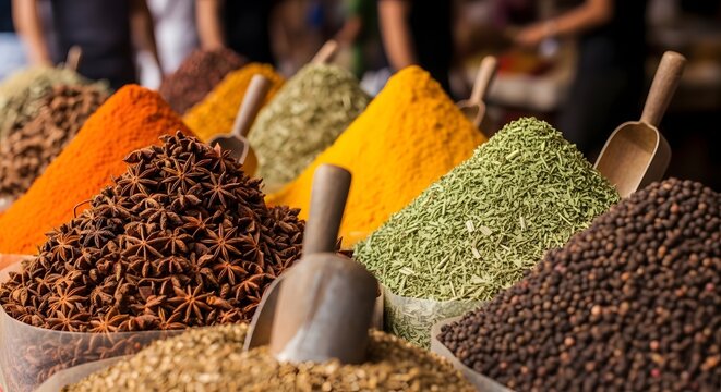 A vibrant assortment of aromatic spices in wooden bowls, showcasing a variety of textures and colors