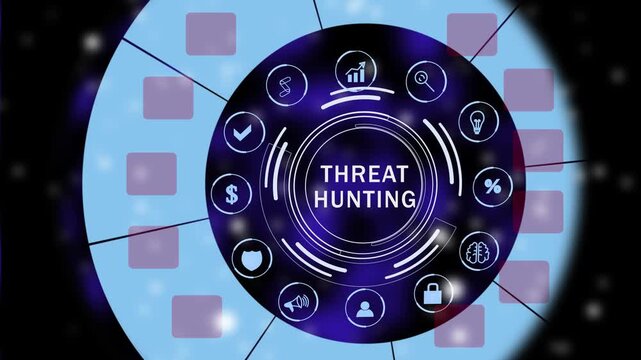 Threat hunting hud animation for proactive cyber attack detection, advanced security research and digital safety systems