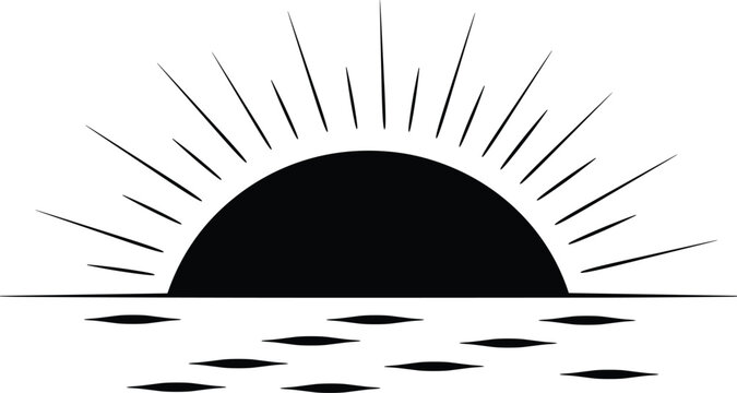 Minimalist sunset silhouette with sun rays and water reflection, vector icon for retro summer design
