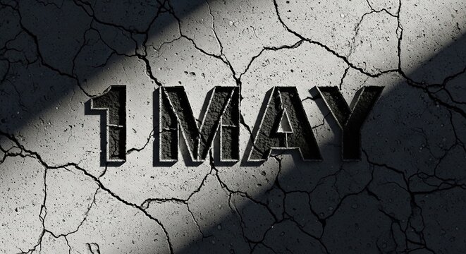First of may inscription on cracked stone surface background with diagonal light and shadow effect representing international workers day celebration and labour movement history.