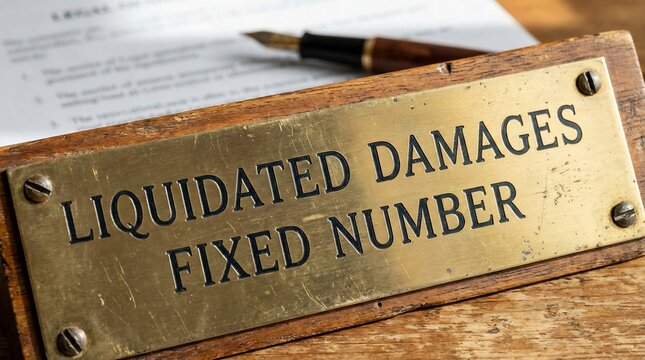 Liquidated Damages Fixed Number brass plaque on a wooden desk with a contract and pen.