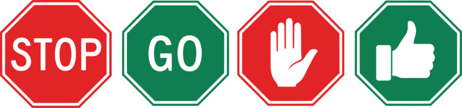 Red and green stop go hand and thumbs up traffic signs