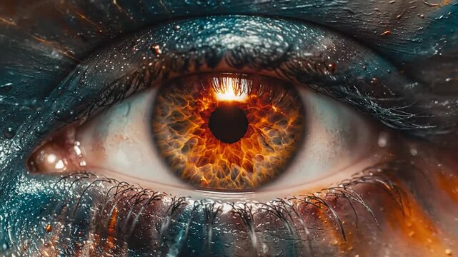 Abstract close-up of a fiery human eye with glittery blue paint