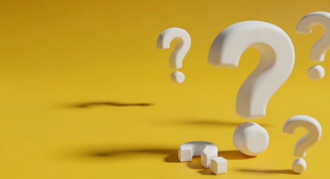 3D Render of White Question Marks Floating on a Vibrant Yellow Background, Perfect for FAQ Sections, Problem Solving Concepts, Business Strategy Presentations, Marketing Materials, and Digital