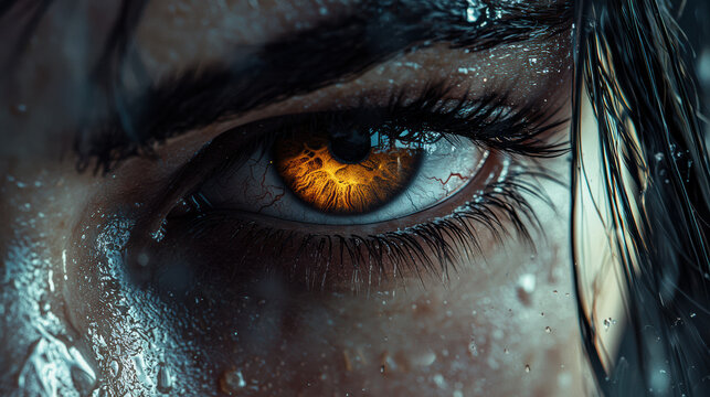 Intense close-up captures a captivating human eye with an amber iris, reflecting a fiery glow amidst a backdrop of moisture and shadow, radiating raw emotion.
