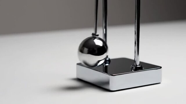Single chrome ball pendulum swinging on minimalist white background