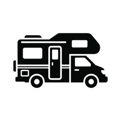 Fototapeta premium Camper van motorhome RV icon side view black silhouette vector for travel and camping
