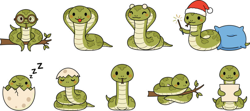 Cute Cartoon Snake Characters Set with Different Expressions Sleeping Hatching Christmas Hat and Fun Poses for Kids Illustration and Animal Design Projects