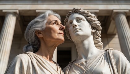 Fototapeta premium A woman is gazing thoughtfully at a statue resembling a woman. The scene includes classical architecture with columns, creating a serene atmosphere.