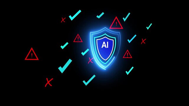 AI risk management and ethics safety concept with checklist and alert icons floating over laptop as professional ensures responsible artificial intelligence system through compliance 4k video.