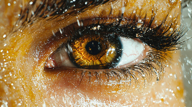 A mesmerizing close up of a brown human eye glistens with droplets of water, creating a stunningly wet and reflective texture that catches the light beautifully.