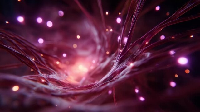 A mesmerizing visual representation of intricate threads intertwined with glowing particles, showcasing a stunning display of vibrant colors and abstract patterns.