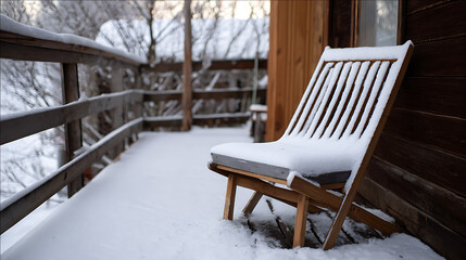 Naklejka premium Tranquil outdoor wooden deck and folding chair covered in fresh white snow during winter with trees in background, inviting solitude and quiet