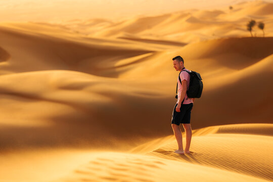 Tourist with backpack on sand dune in Abu Dhabi desert. Desert landscape, adventure, travel, and outdoor exploration concept.