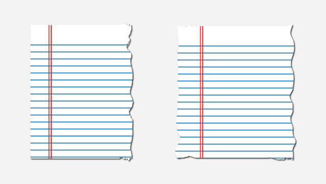 Two torn sheets of lined paper with red margin lines displayed