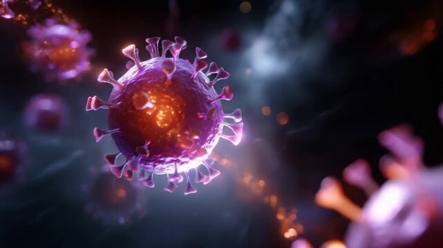 Close-Up Visualizations of Viral Particles in a Dark, Ethereal Environment Depicting Intricate Structures and Patterns of Microbial Organisms