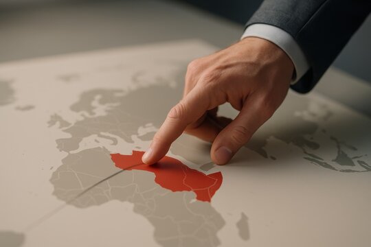 Finger pointing to highlighted North Africa and Middle East strategic region