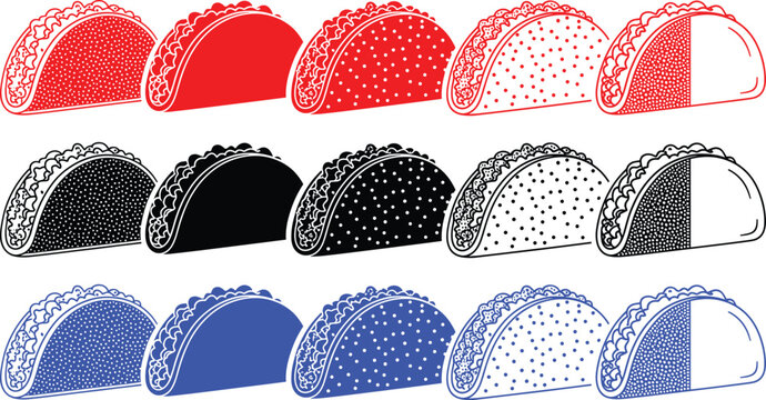 Collection of stylized tacos in red, black and blue colors with varying fill patterns.