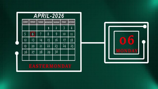 April 2026 Easter Monday Calendar Design Highlighting Fifth Day In Red Within A Technical Grid Layout For Holiday Tracking.
