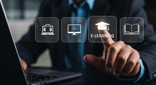 Businessman interacting with e-learning on a laptop computer online education