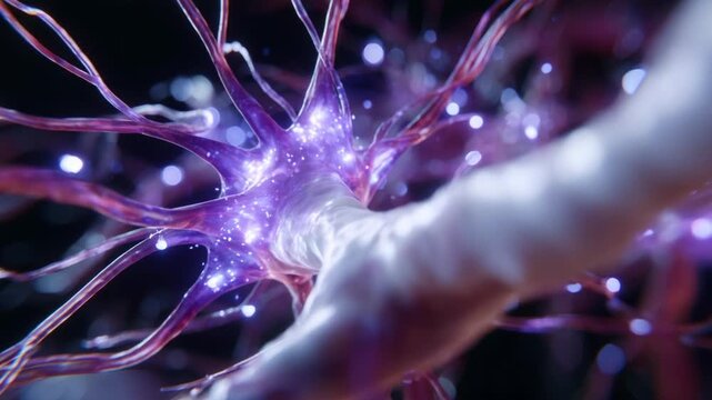 A Stunning Close-Up of a Neuron Highlighting Its Structure and Electrical Activity in a Mystical, Pulsating Visualization of Neural Connections in Action