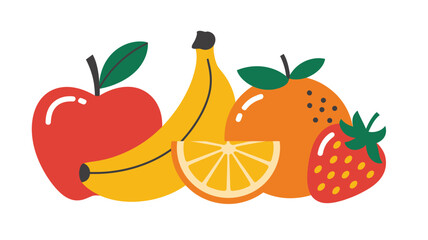 Naklejka premium Fresh Fruits Clipart Set with Apple, Banana, Orange and Strawberry Healthy Food Illustration