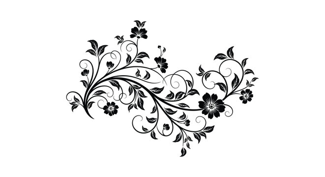 Intricate floral silhouette design with curved stems and leaves on a white background