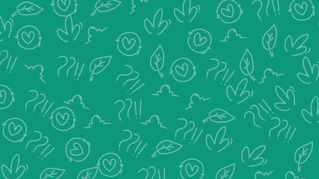 Teal seamless doodle pattern background with leaves hearts and question marks