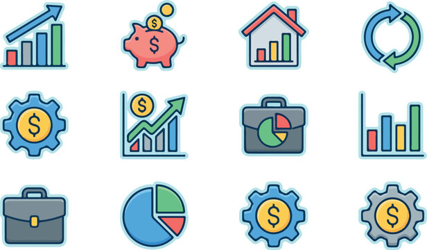 Finance and business sticker style vector icon set with growth charts, investment, money management, analytics, and economic performance symbols