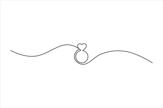Continuous one-line drawing of a wedding ring with a heart top and wavy path. Minimalist jewelry icon for romantic brands and wedding stationery.