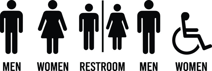 Fototapeta premium Restroom signage icon set with male female gender symbols handicap accessible wheelchair sign and public washroom toilet indicators,