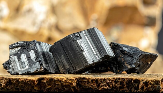 Rough chunks of raw graphite displaying distinct layered structures and metallic luster on a textured surface