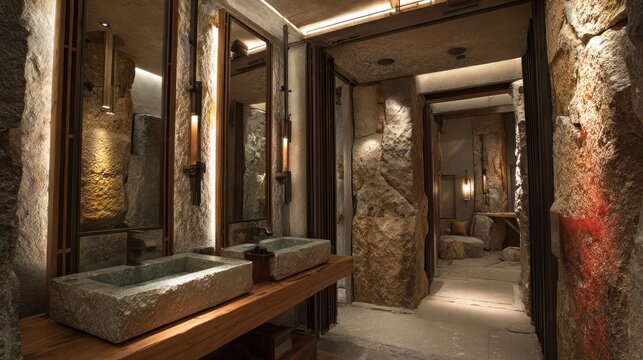 Elegant bathroom interior design with stone walls and wooden accents