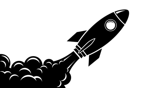 Silhouette of a rocket ship blasting off into space with flames and smoke