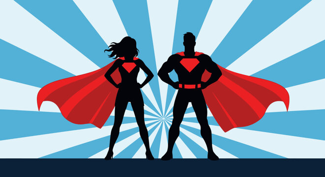 Superhero silhouette duo standing against radiant blue background with red capes