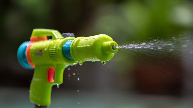 Vibrant green toy water blaster spraying water, active outdoor play element for summer fun, close-up shot with blurred green background